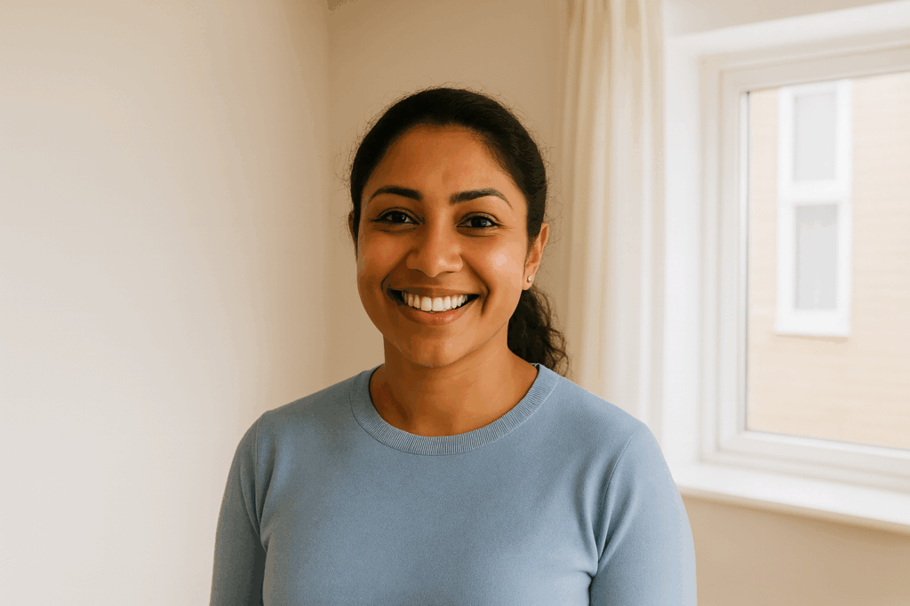 A close-up of a resident smiling in a clean, brightly lit home