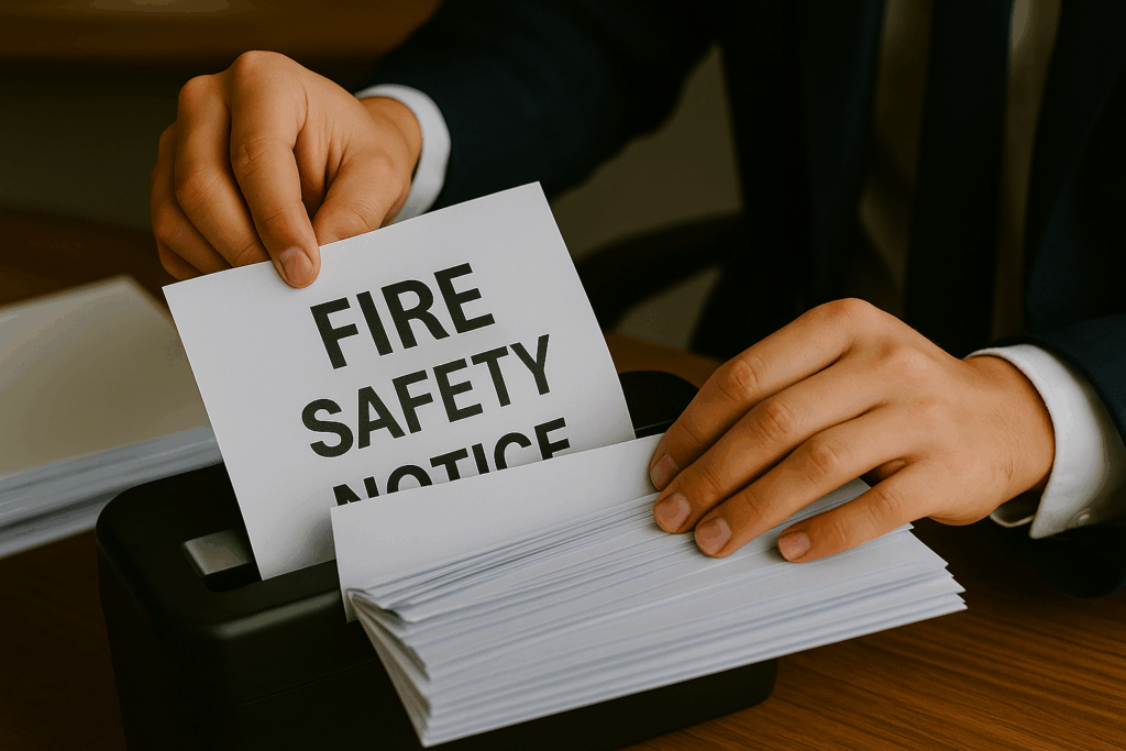 Fire Safety Notice" being slipped into a shredder