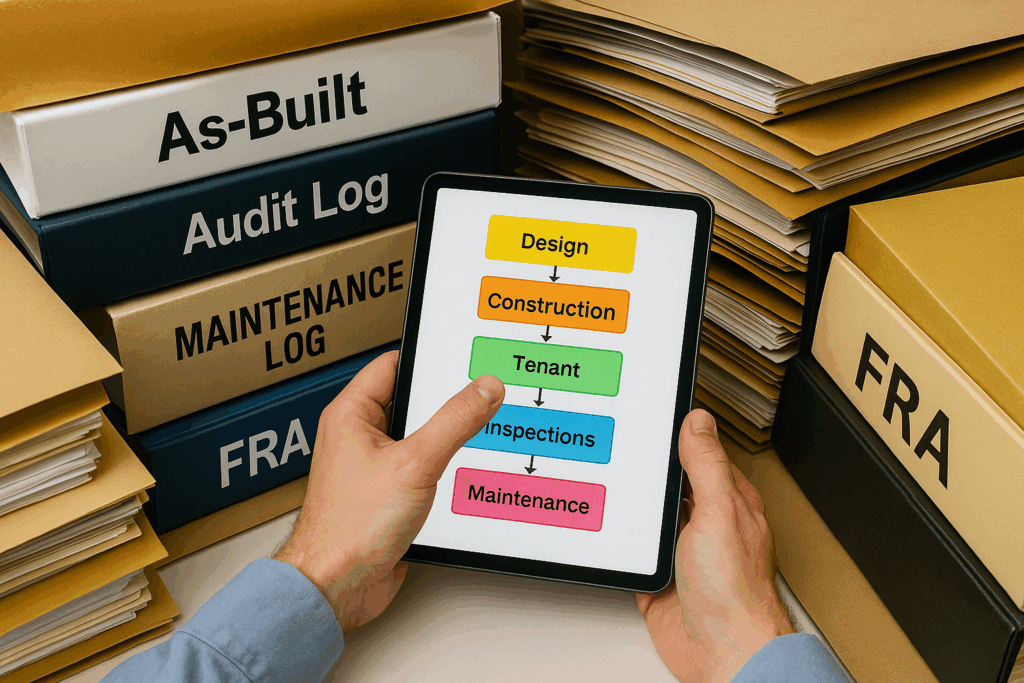 A person's hands completely surrounded by physical file folders and binders labelled "As-Built," "Maintenance Log," "FRA," etc., while one hand points at a digital screen showing a brightly coloured, organized flow chart labelled "Golden Thread" highlighting Statutory Compliance 