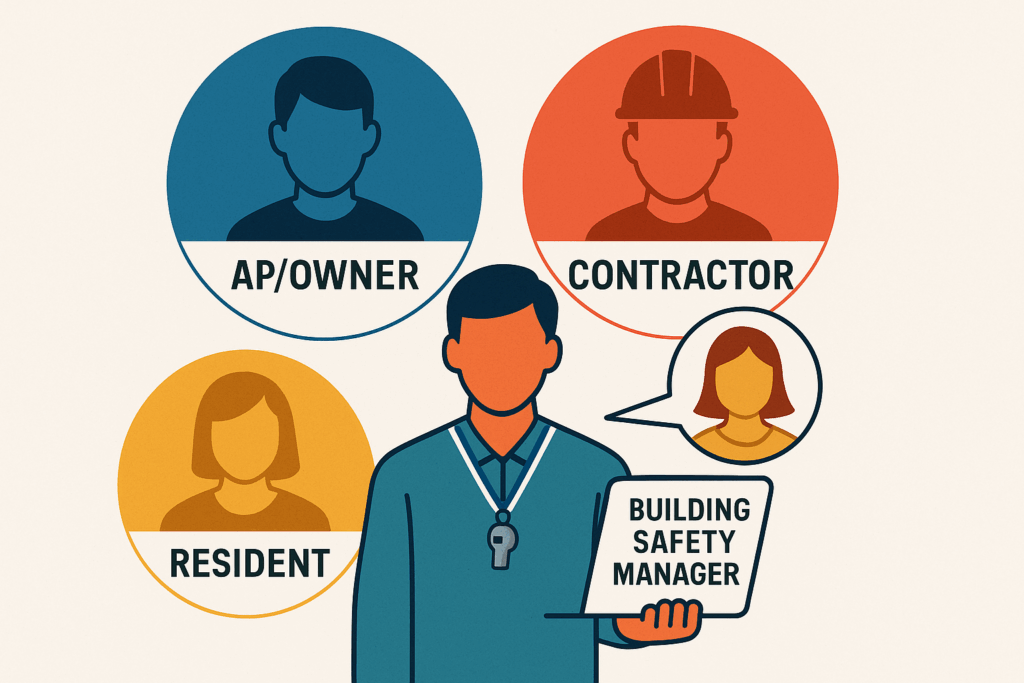 A Venn diagram showing three figures labelled 'AP/Owner', 'Contractor', and 'Resident'. The figure in the center (the Building Safety Manager) is wearing a referee's whistle highlighting Statutory Compliance