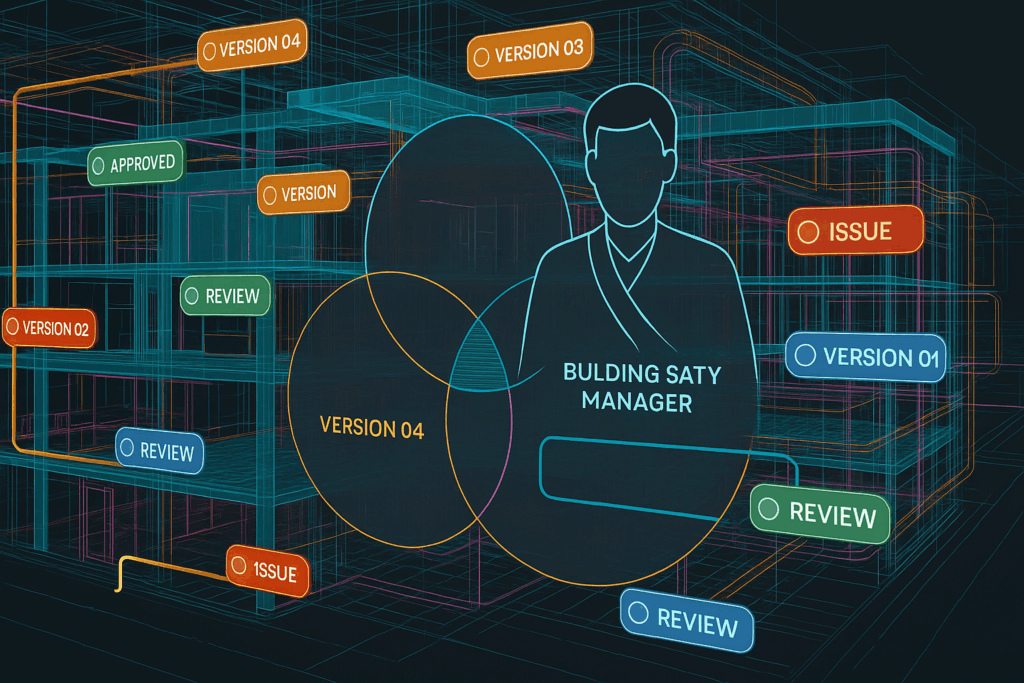 A screen capture showing a complex BIM/CAD model overlaid with colour-coded digital annotations representing version control or compliance markers for Statutory Compliance. The shot should look technical and slightly overwhelming