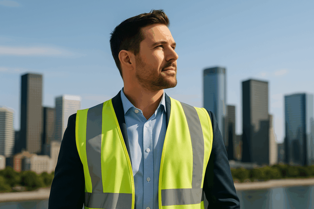 A confident safety professional looking out at a city skyline under bright daylight.