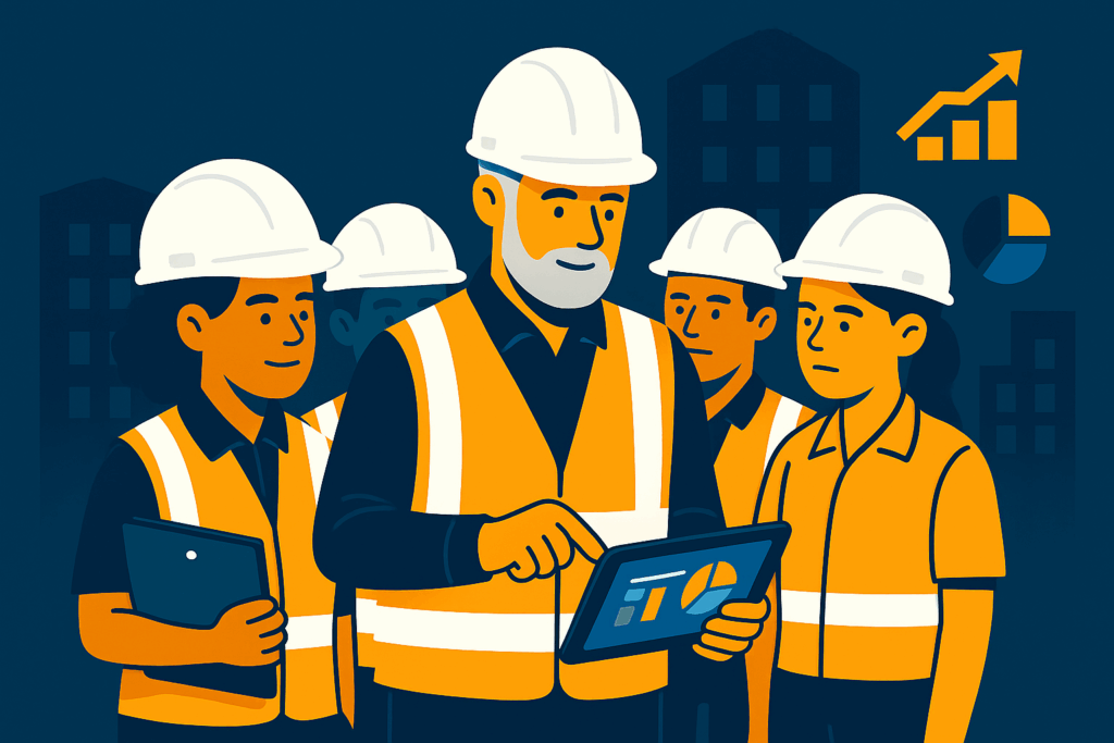 Young apprentices and senior safety officer reviewing digital building safety plan on site in the UK