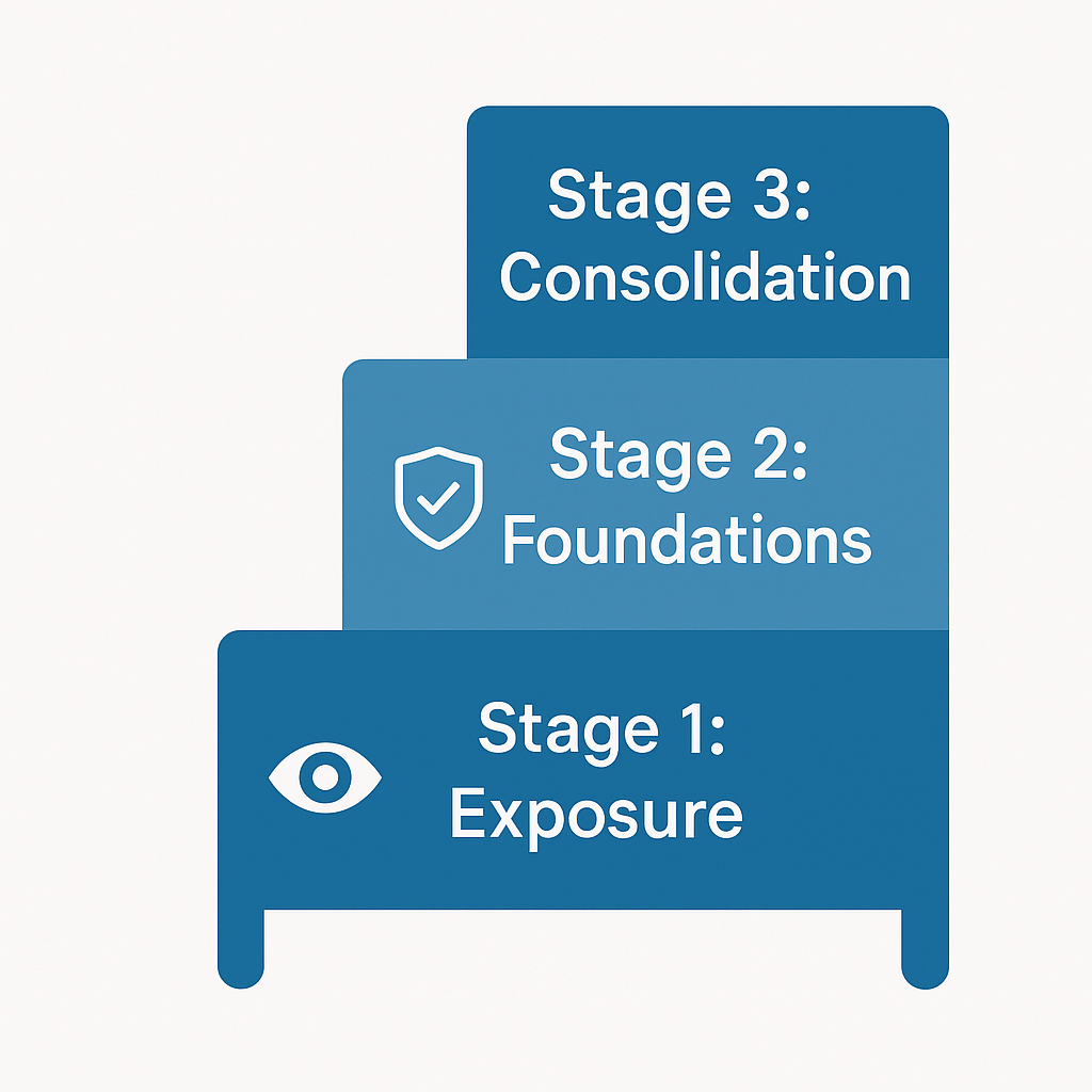 Three-stage ladder graphic showing exposure, foundations, and consolidation in early-career building safety development.