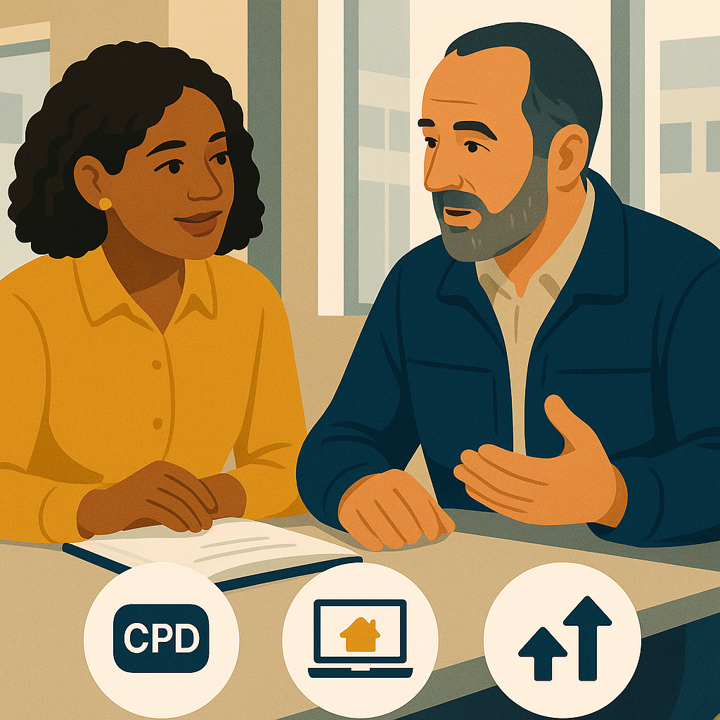 Mentor guiding a colleague in a diverse, inclusive building safety workplace. Diversity in Building Safety