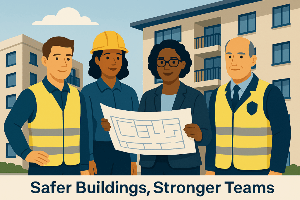 Diverse building safety team standing confidently in front of residential building