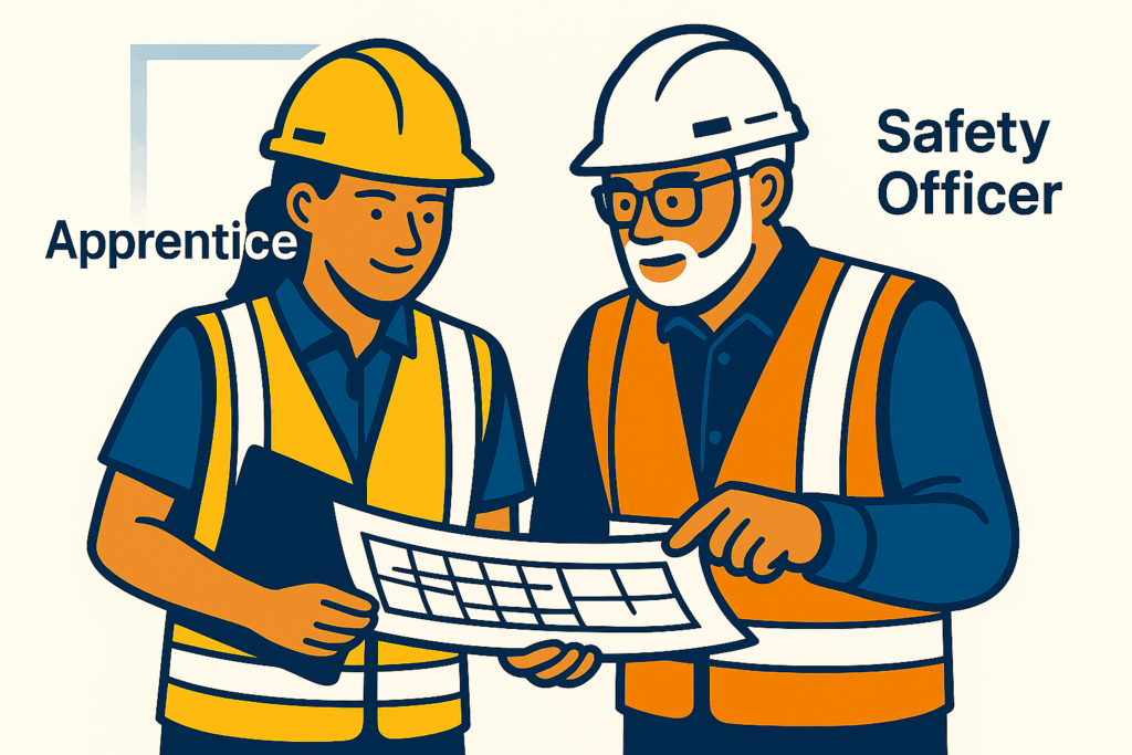 Former apprentice now working confidently alongside senior building safety professional.
