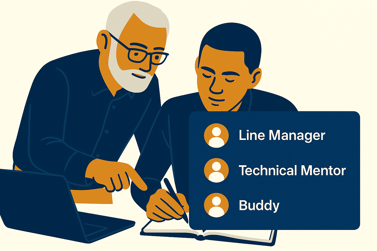 Senior safety professional mentoring an apprentice with structured support roles highlighted.