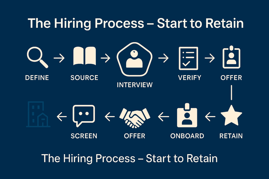 Hiring process infographic showing key stages from definition to retention