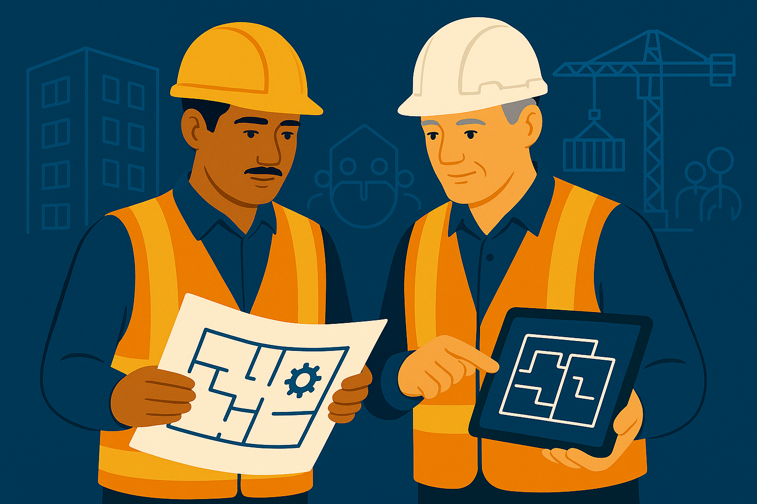 Two building safety professionals in PPE reviewing blueprints and a digital plan together on site, showing competence in action