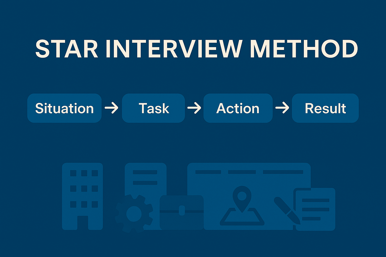 Infographic of the STAR interview method showing four connected boxes labelled Situation, Task, Action and Result, with an amber highlight under Result.