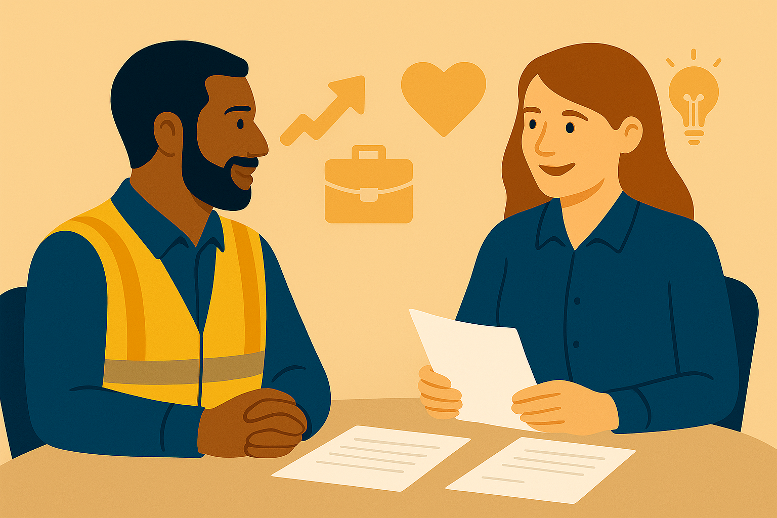 Building Safety Manager having a supportive one-to-one meeting with a team member, with icons of growth, wellbeing and ideas in the background