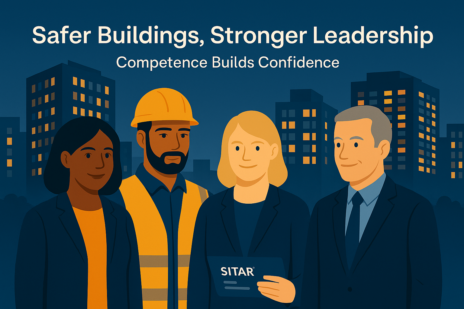 Diverse building safety leaders standing in front of high-rise residential buildings at dusk with the tagline ‘Safer Buildings, Stronger Leadership – Competence Builds Confidence’