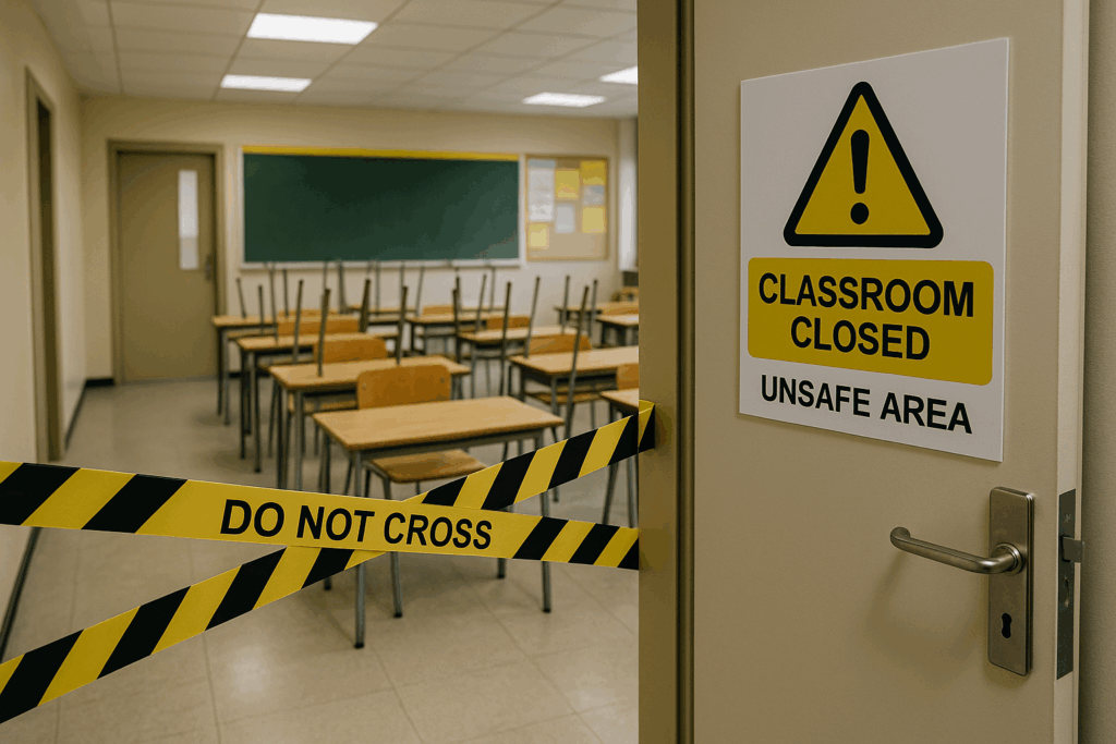 RAAC Building Safety Act Empty classroom seen from the corridor, chairs stacked on desks, door marked with a “Classroom Closed – Unsafe Area” sign and yellow-black hazard tape stretched across the doorway, showing that pupils cannot enter.