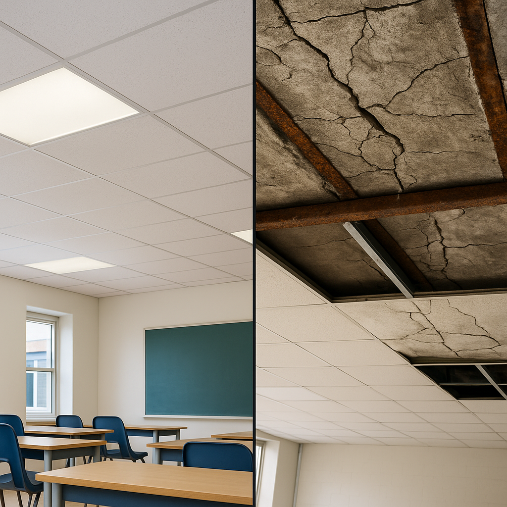 RAAC Building Safety Act Split image of a classroom ceiling: the left side shows a normal suspended-tile ceiling, while the right side shows tiles removed to reveal cracked, deteriorating RAAC panels and corroded beams above.