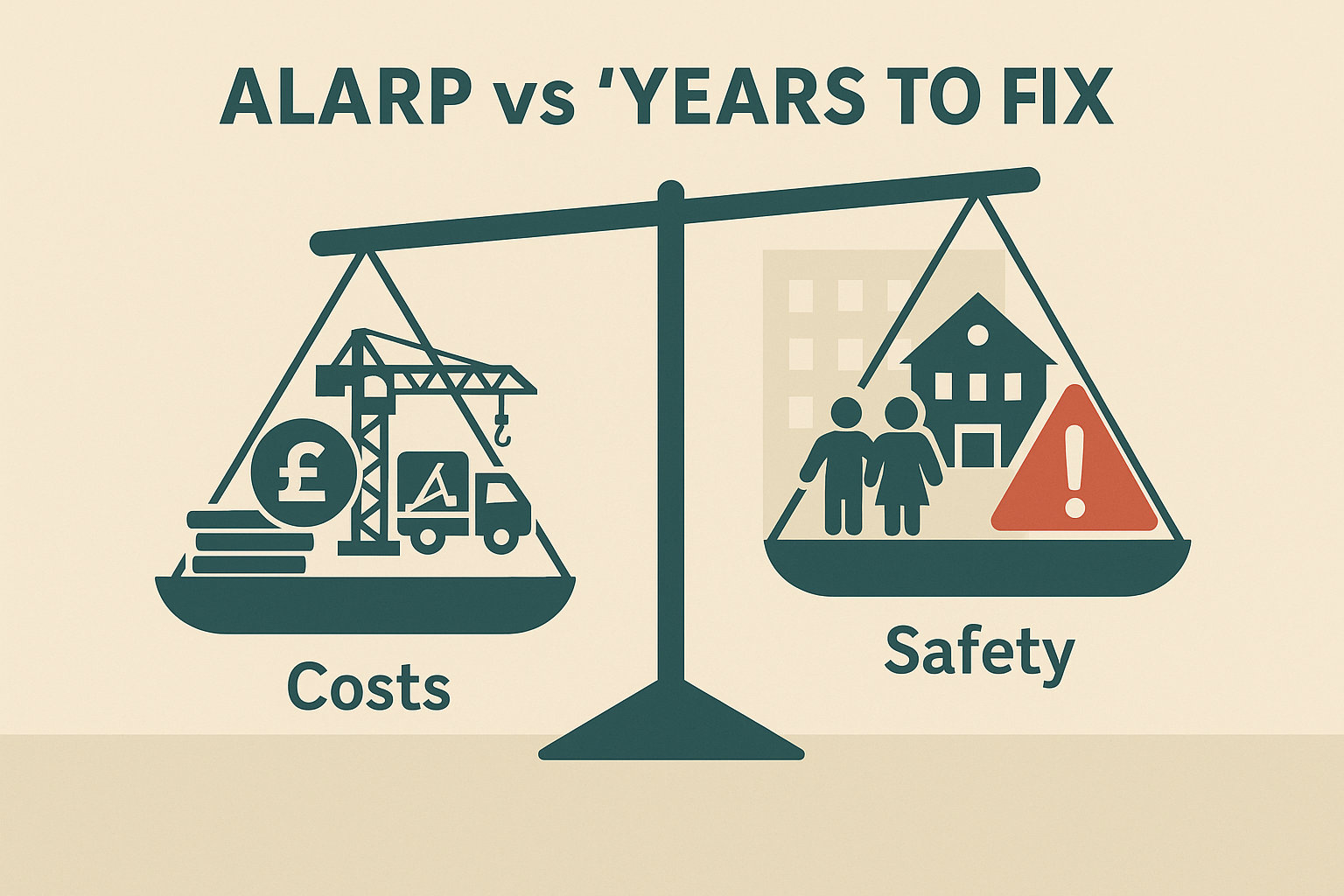 RAAC Building Safety Act Stylised weighing scales graphic with “Costs” on one side, represented by money, construction and logistics icons, and “Safety” on the other, represented by children, a school and a red warning triangle; the scale tilts in favour of safety.