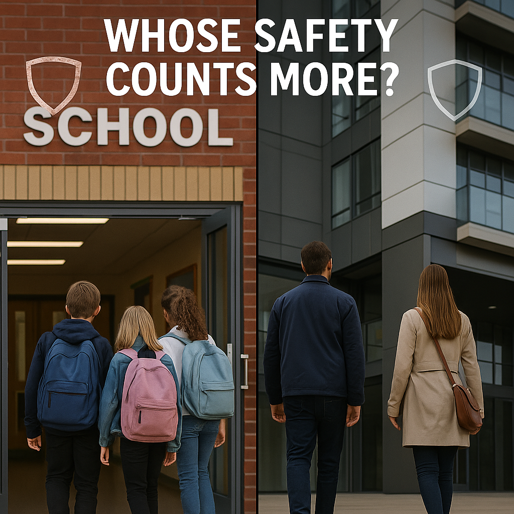 RAAC Building Safety Act Split image: on the left, children with backpacks walk into a school entrance; on the right, adults walk into a modern high-rise block, with faint shield icons over each side suggesting different levels of protection.
