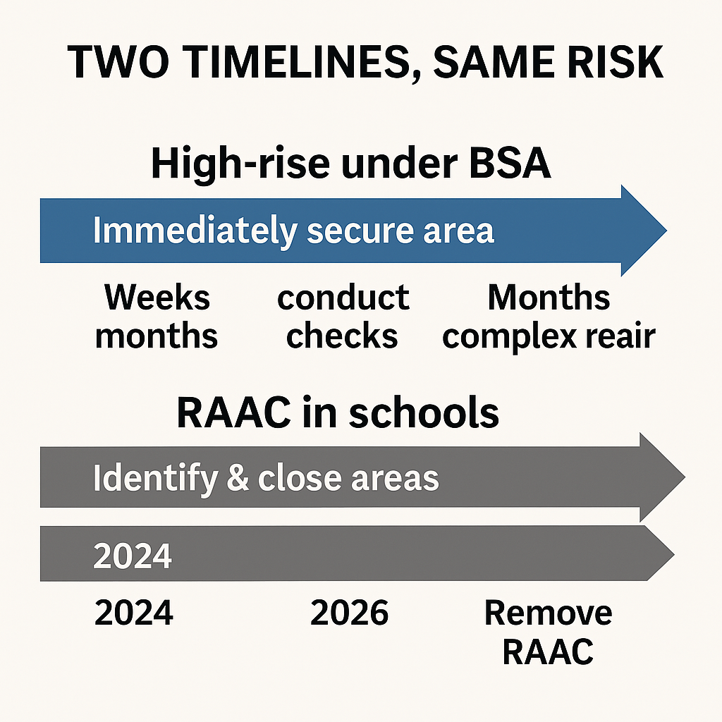 RAAC Building Safety Act Clean infographic with two horizontal arrows comparing responses to structural risk: a blue arrow labelled “High-rise under BSA” with short, fast milestones, and a grey arrow labelled “RAAC in schools” showing slower milestones stretching out towards 2030.