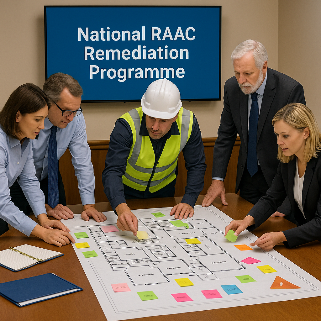 Group of engineers, programme managers and education officials gathered around a large school floor plan on a meeting table, covered in coloured sticky notes, with a screen behind them reading “National RAAC Remediation Programme.