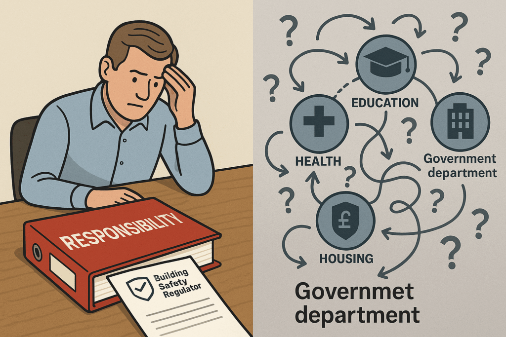 RAAC Building Safety Act Illustration showing, on the left, a single building owner or accountable person at a desk with a large “Responsibility” file and regulator-style letter, and on the right a cluttered cluster of government department icons, arrows and question marks.