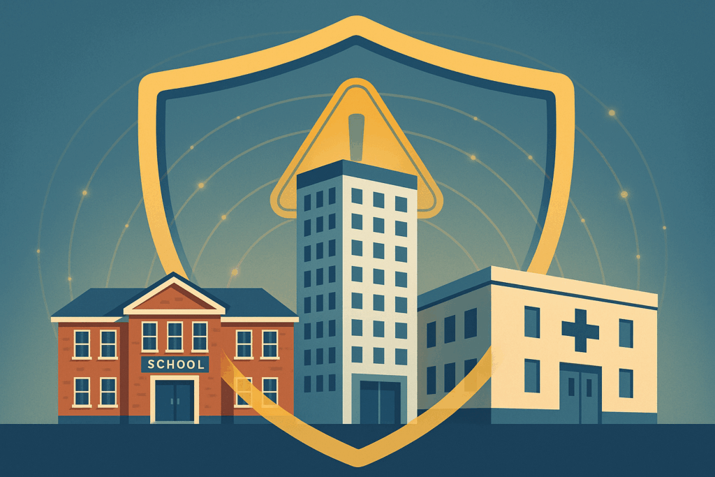 RAAC Building Safety Act Stylised illustration of a school, a residential tower and a hospital side by side, all enclosed within a single large protective shield shape, connected by faint glowing “golden thread” lines to symbolise equal safety standards for all buildings.