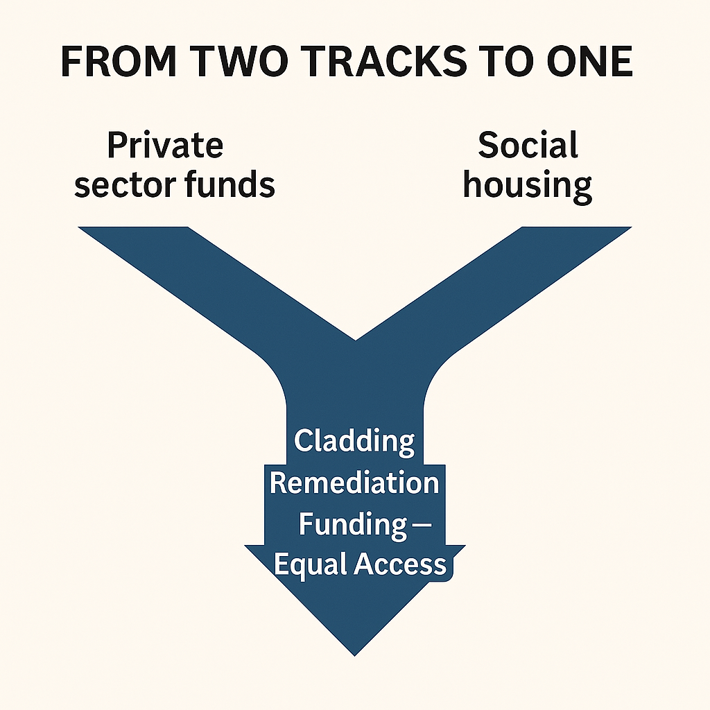 Cladding Remediation Funding Infographic showing two separate funding lanes for private owners and social housing merging into one wider lane labelled “Cladding Remediation Funding – Equal Access” to symbolise the policy change.