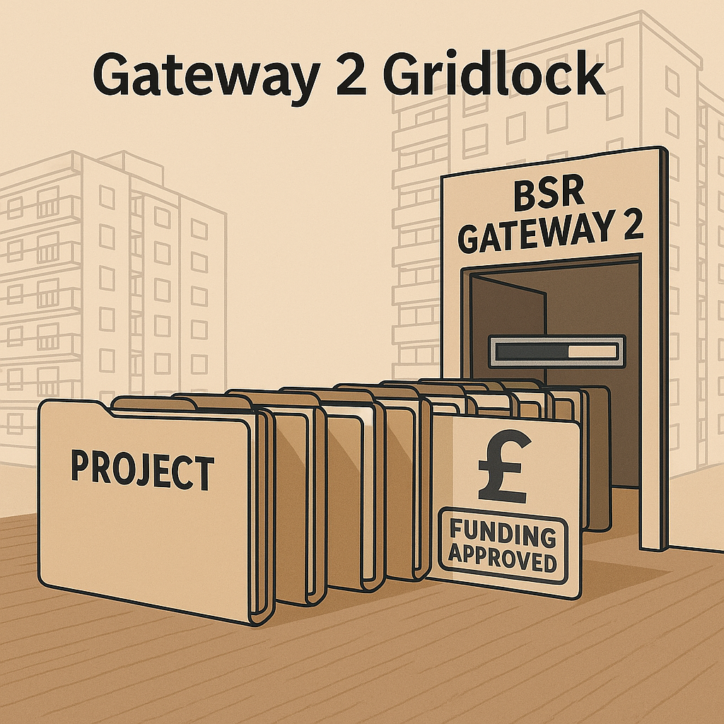 Cladding Remediation Funding Illustration of a row of project folders queued in front of a doorway marked “BSR Gateway 2” with a half-filled progress bar, set against faint outlines of tower blocks, symbolising delays in approvals for cladding remediation projects.