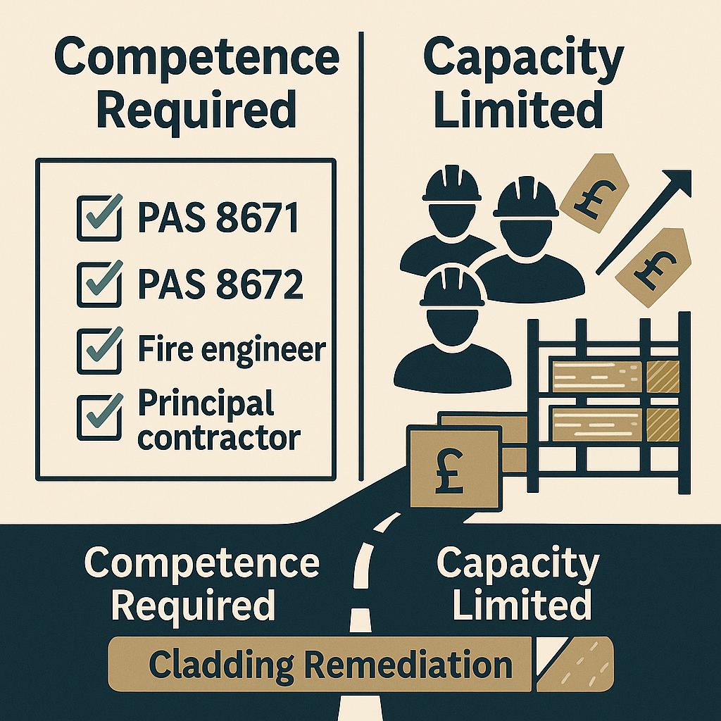 Cladding Remediation Funding Graphic showing a PAS competence checklist on one side and a small pool of contractors and limited specialist cladding materials on the other, highlighting skills and supply chain constraints for remediation.