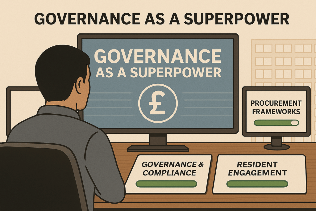 Cladding Remediation Funding Project manager at a workstation with dashboards for governance, resident engagement and procurement all showing green status, representing the governance strengths of social landlords in managing cladding projects.