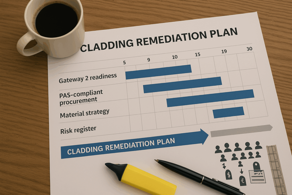 Cladding Remediation Funding Overhead view of a desk with a printed Gantt-style cladding remediation plan listing Gateway 2 readiness, PAS-compliant procurement, material strategy and risk register, alongside a coffee cup, pen and highlighter, representing a structured project playbook.