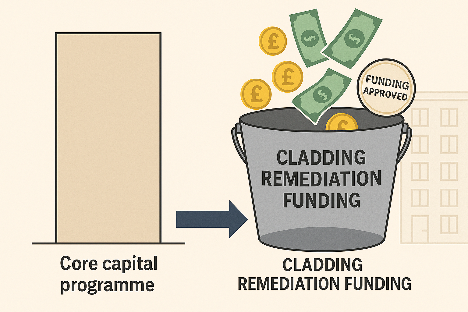 Cladding Remediation Funding” receiving government funds, indicating how grants free up budgets for new homes.