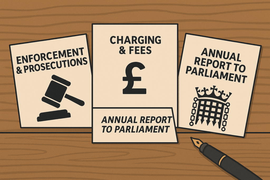 Illustration of three documents labelled enforcement, charging and annual report to Parliament on a desk, highlighting the BSR’s powers and direct accountability to government.