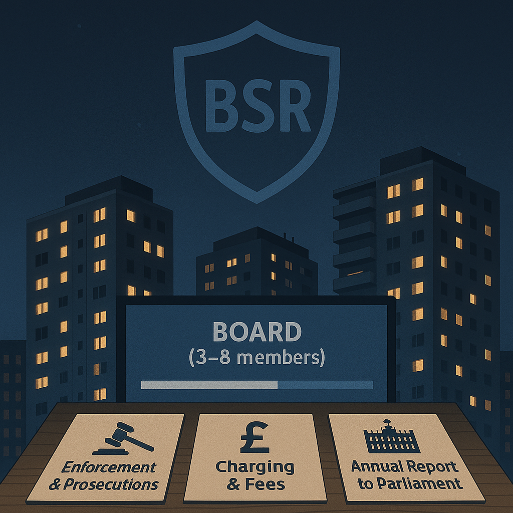 Stylised skyline of occupied high-rise buildings at dusk with a single shield icon labelled BSR above them, representing clearer accountability and stronger building safety oversight.