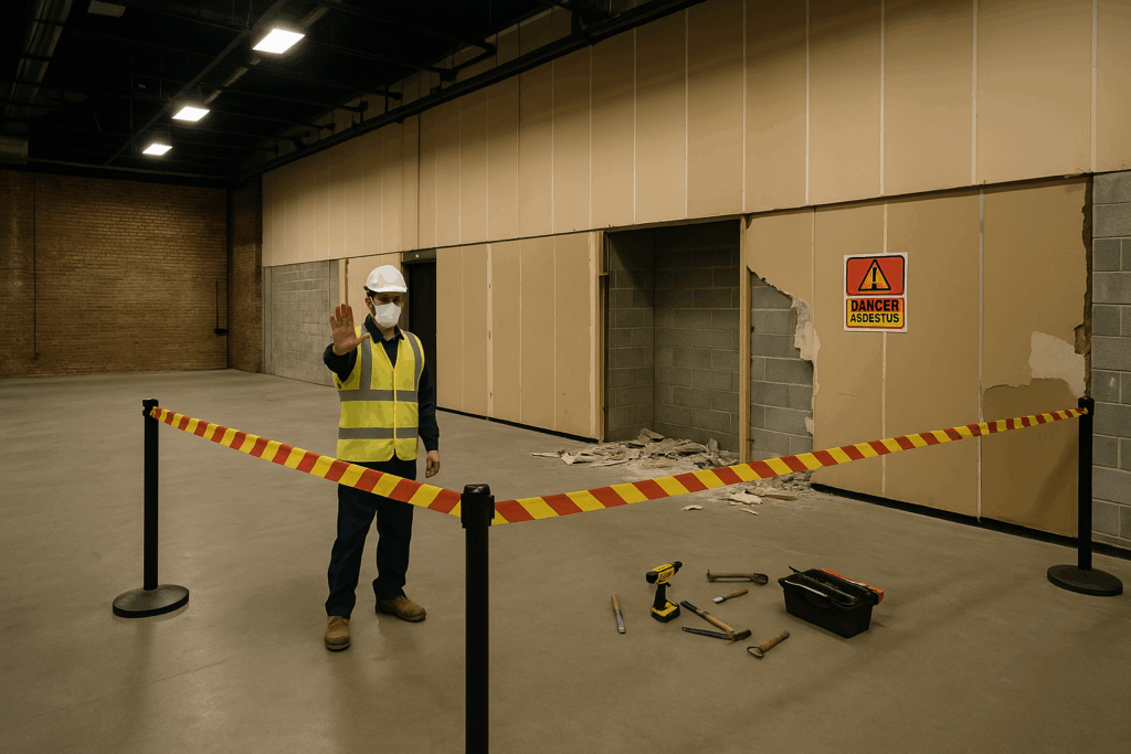 Asbestos R&D Survey Partially stripped studio wall with panels removed and hazard tape blocking access, representing refurbishment work halted due to asbestos risk