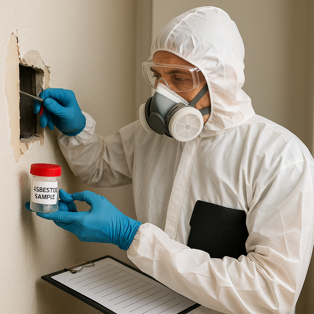 Asbestos R&D surveyor in full PPE taking a wall sample and recording details, representing a competent person carrying out an intrusive R&D survey.