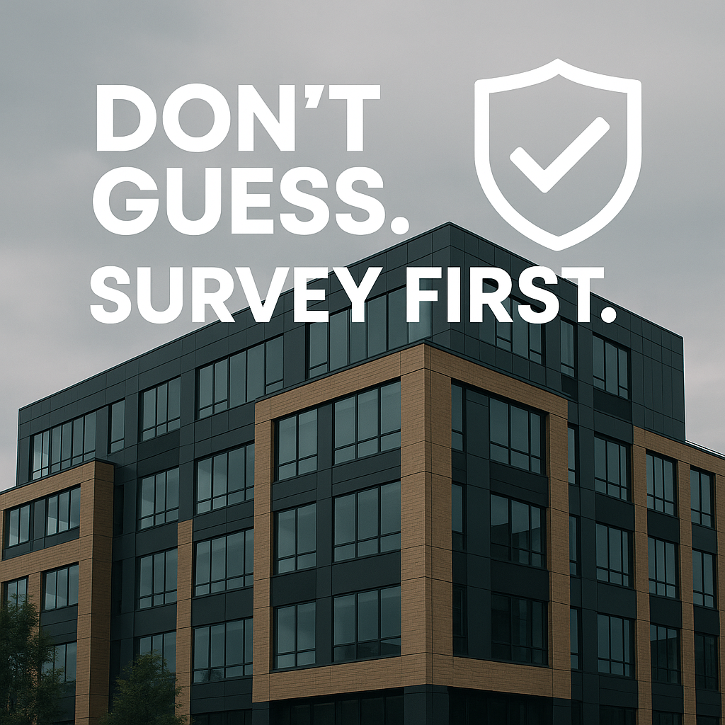 Asbestos R&D Survey Modern commercial building with a protective shield icon and the message Don’t guess, survey first, symbolising legal and moral responsibility for asbestos safety