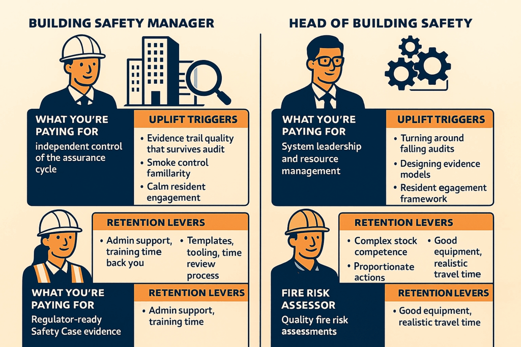 Role snapshot showing what employers pay for in a Building Safety Manager and what triggers salary uplift