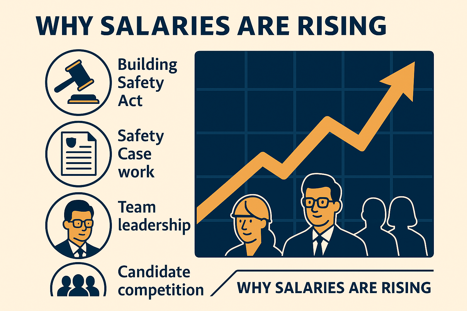 “Graph showing rising building safety salaries with icons for legislation, Safety Case roles, leadership needs, and industry competition.”