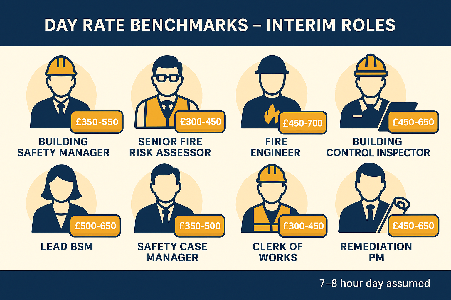 Infographic showing typical interim day rates for building safety roles across the UK
