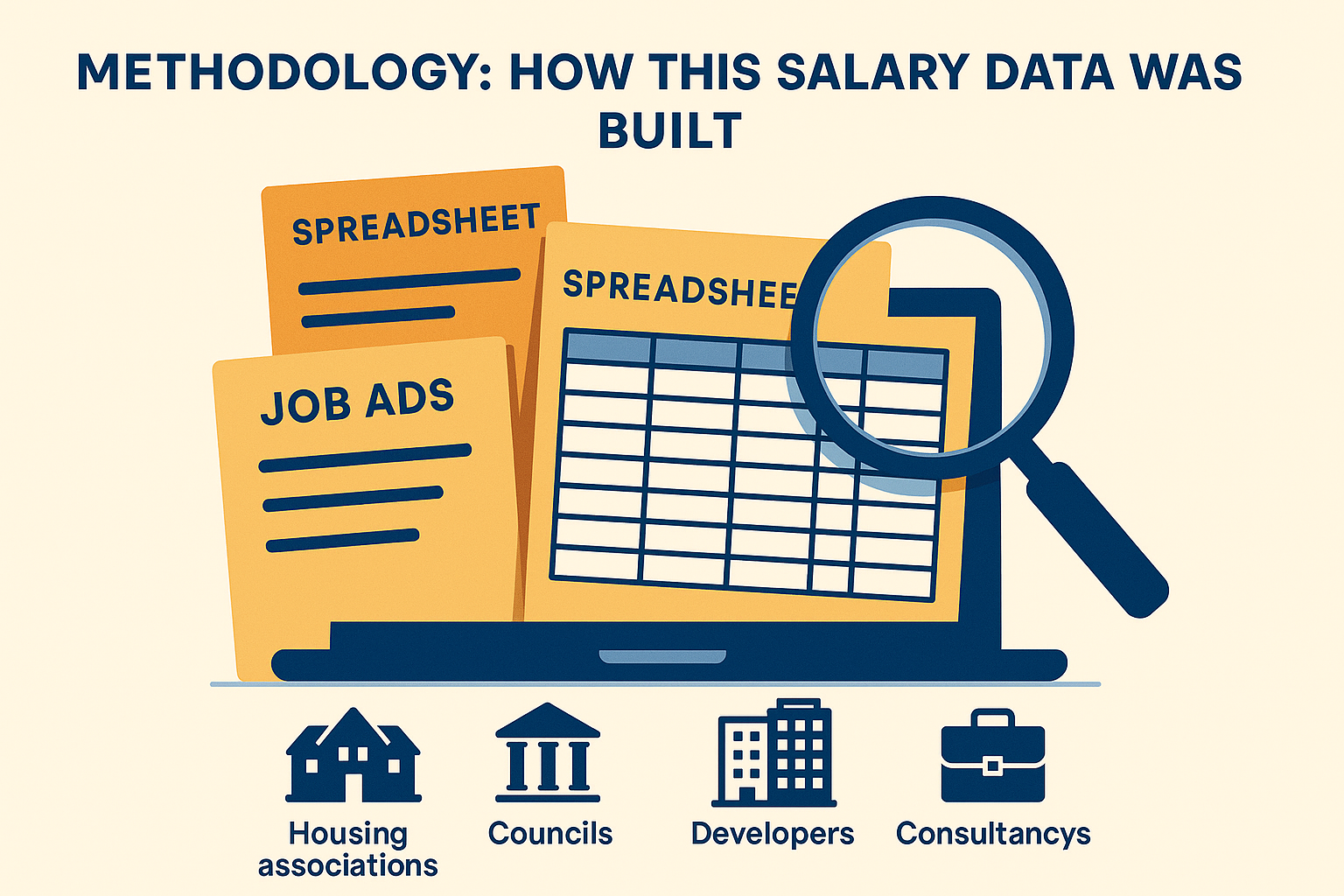 Infographic showing data sources used for building safety salary benchmarks, including job ads, offers, and employer types