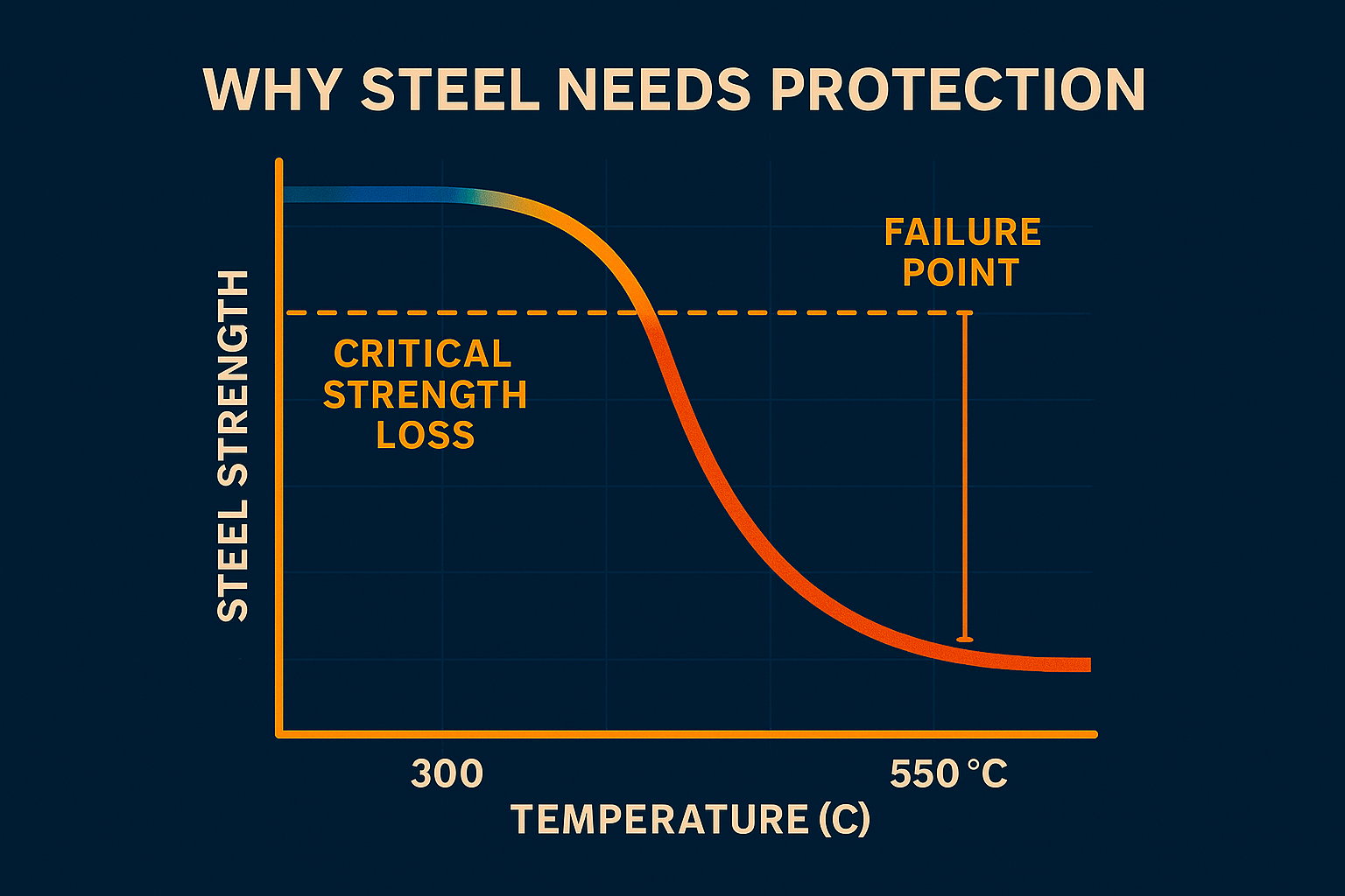 Graph showing steel strength decreasing as temperature rises, highlighting failure point near 550°C