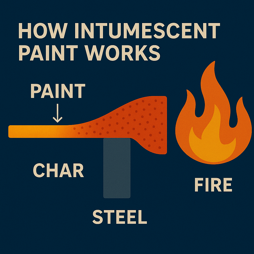 Illustration showing intumescent coating swelling into a protective char layer during fire exposure