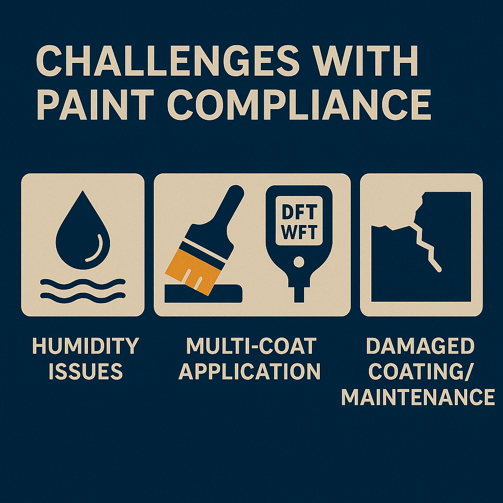 Icons showing humidity sensitivity, multiple paint layers, film-thickness measurement and maintenance problems with intumescent coatings