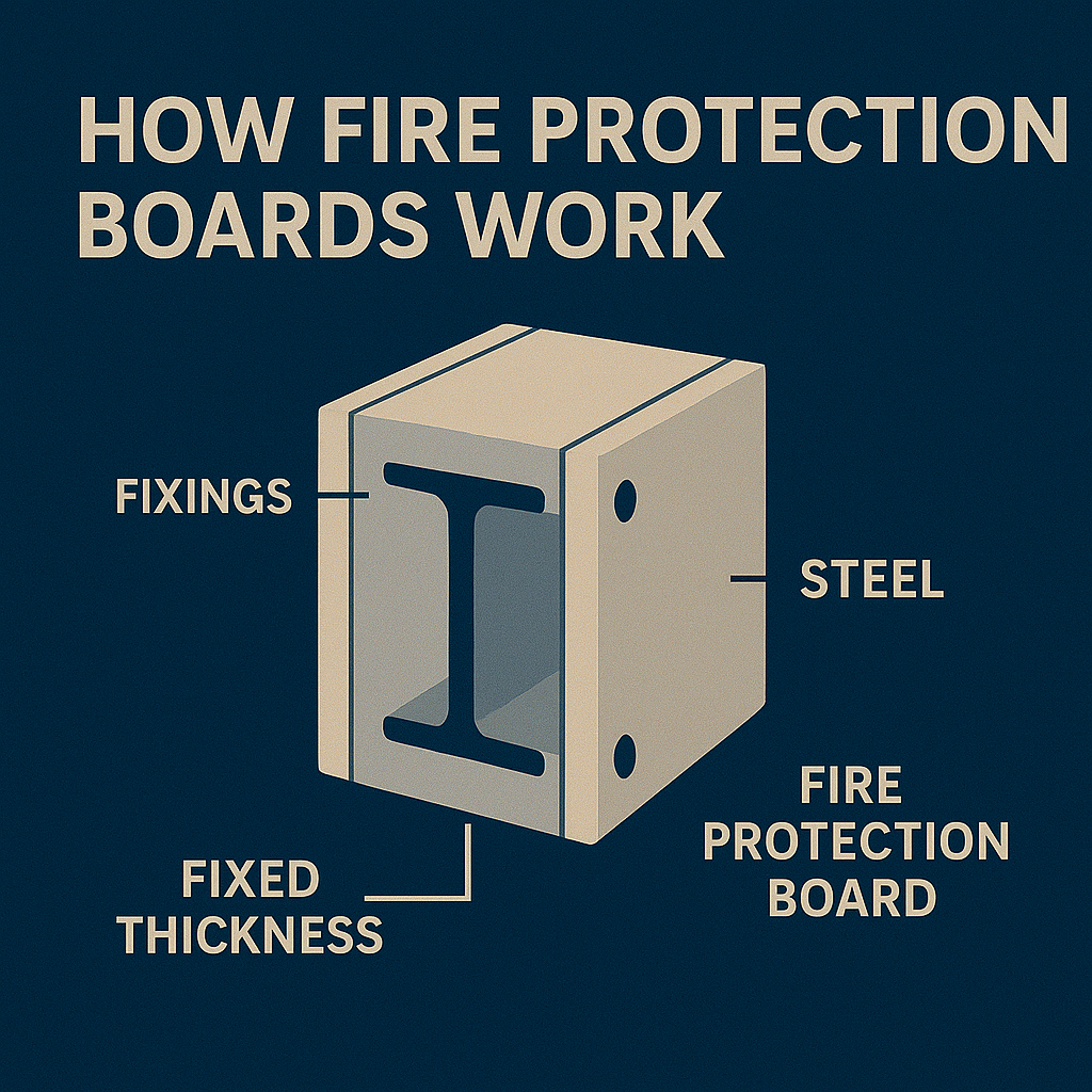 Cross-section of structural steel protected by fire-resistant boards with fixed thickness