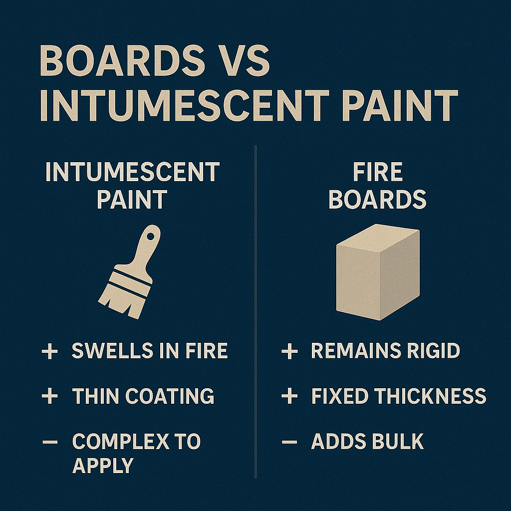 Side-by-side comparison of intumescent coatings and fire protection boards for structural stee
