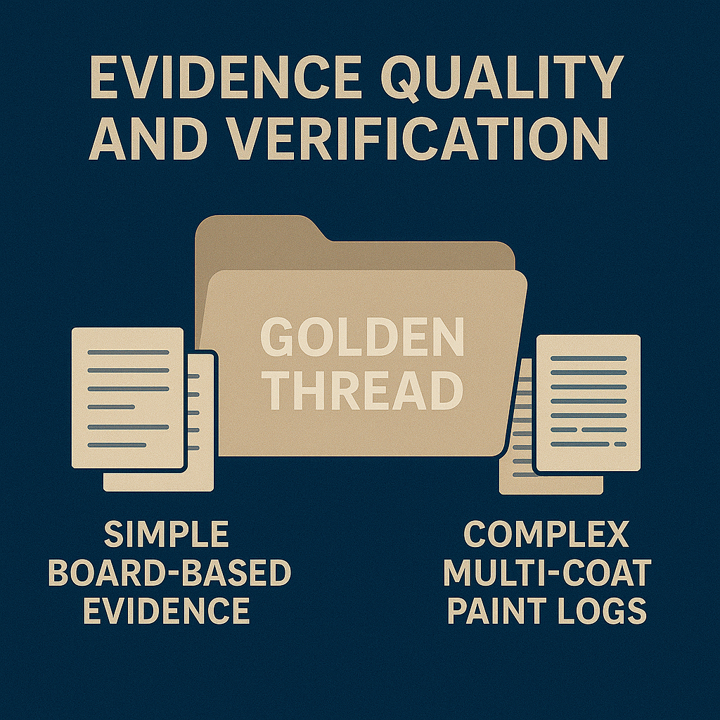 Graphic comparing simple evidence for fire boards versus complex records for intumescent coatings