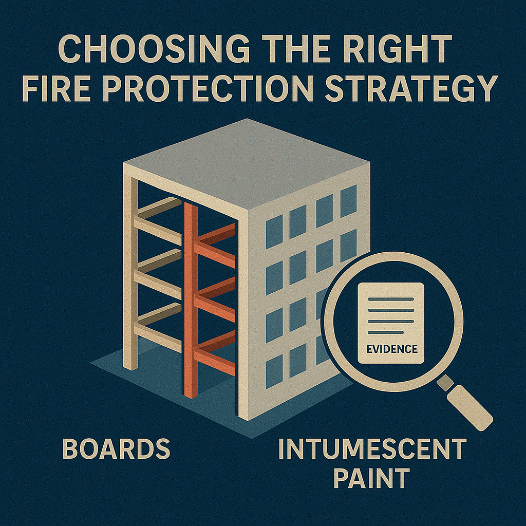 Structural Steel Fire Protection Illustration of a building showing protected steelwork with a focus on evidence-based fire protection