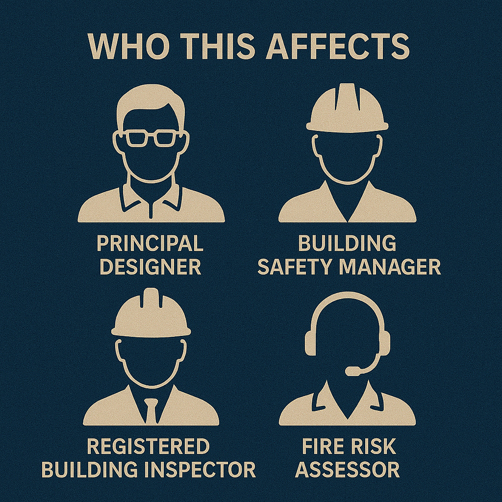 Structural Steel Fire Protection Icons representing Principal Designer, Building Safety Manager, Inspector, and Fire Risk Assessor