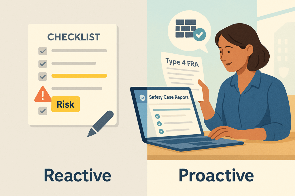 Application Guide Comparison image showing a reactive checklist approach on one side and a proactive review of a Type 4 FRA and Safety Case Report dashboard on the other.