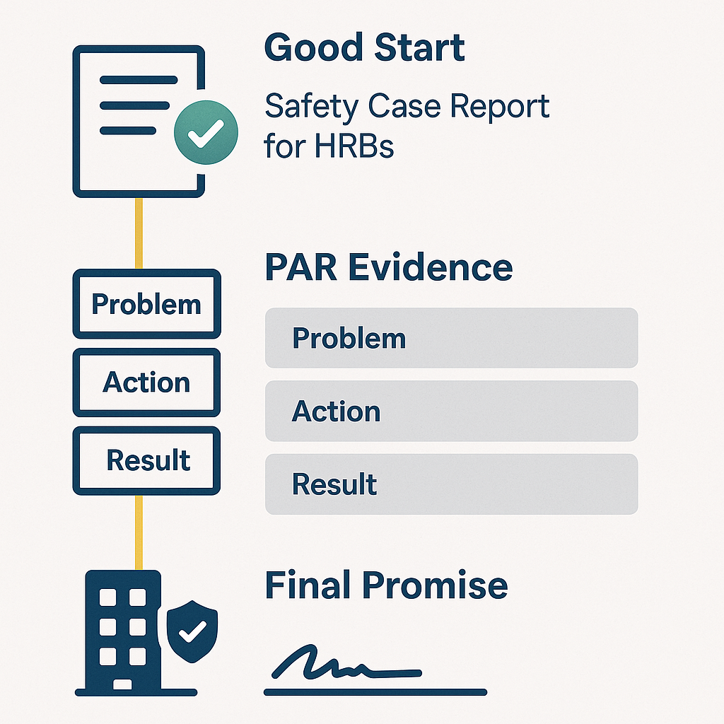 Application Guide Diagram showing a supporting statement structure with Good Start, Problem-Action-Result examples and a final promise focused on future building safety impact